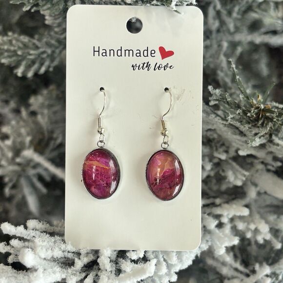 Handmade Poured Paint Oval Earrings Red Yellow Swirl Stainless Steel Artisan - Picture 1 of 5